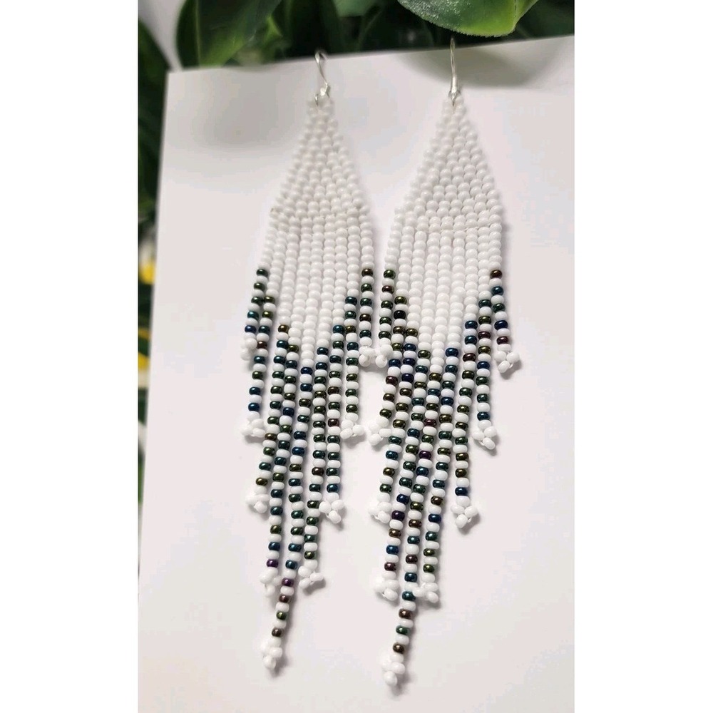 NEW White Color Beaded Fringe Dangle Earrings Tassel Style